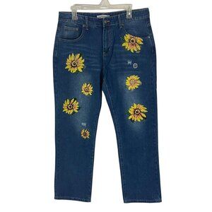 Misslook Women's Sunflower Floral Jeans Straight Leg Size XL (34 x 31) NWT